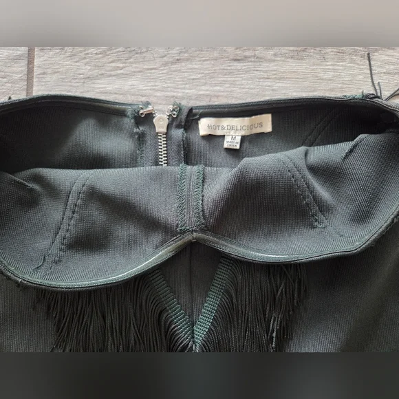 Emerald‎ Green Strapless Fringe Mini Dress Sz M Bandage Fitted Sweetheart Neck - Picture 6 of 11